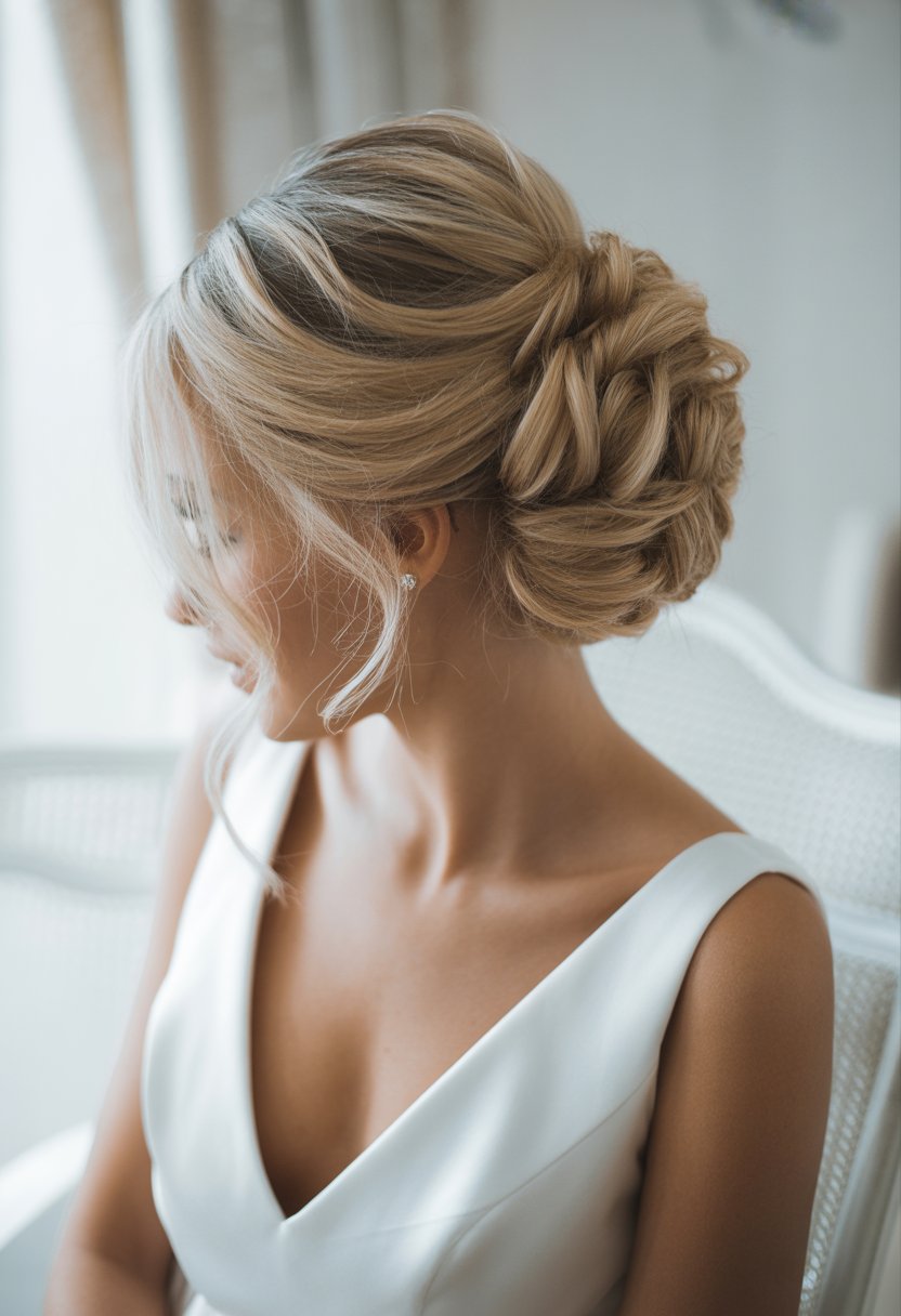 Bride with a textured low chignon hairstyle wearing a white wedding dress in a softly lit setting.