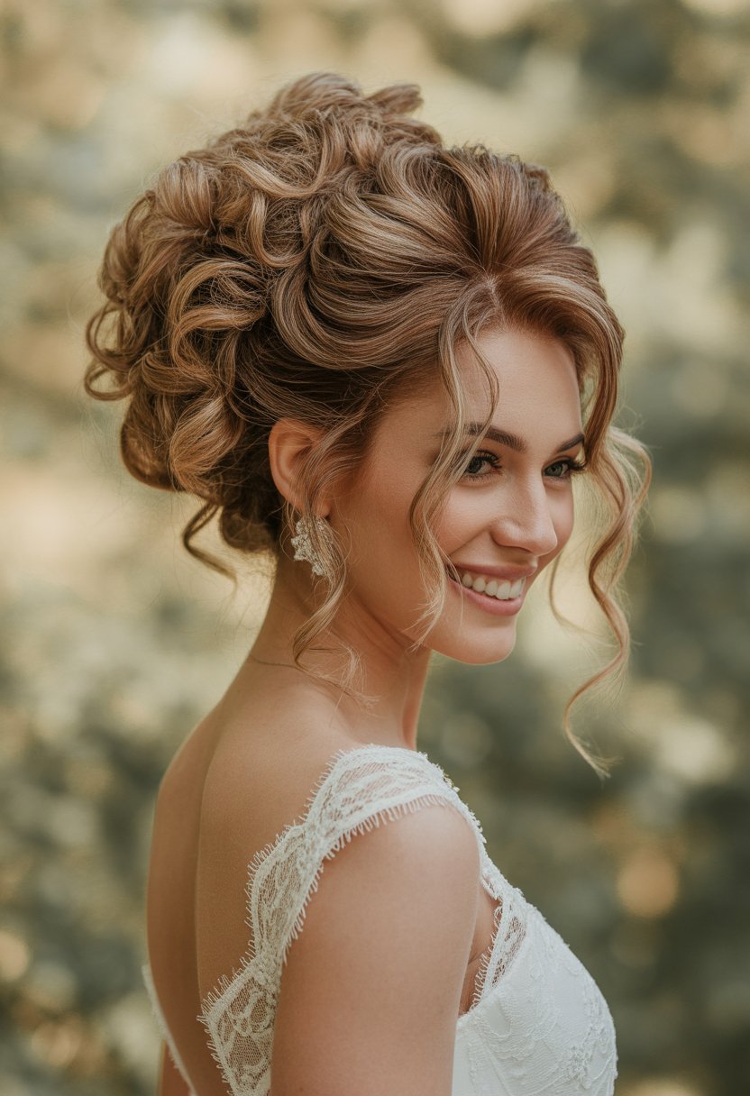 A bride with a voluminous curly updo hairstyle smiling softly in a natural outdoor setting.