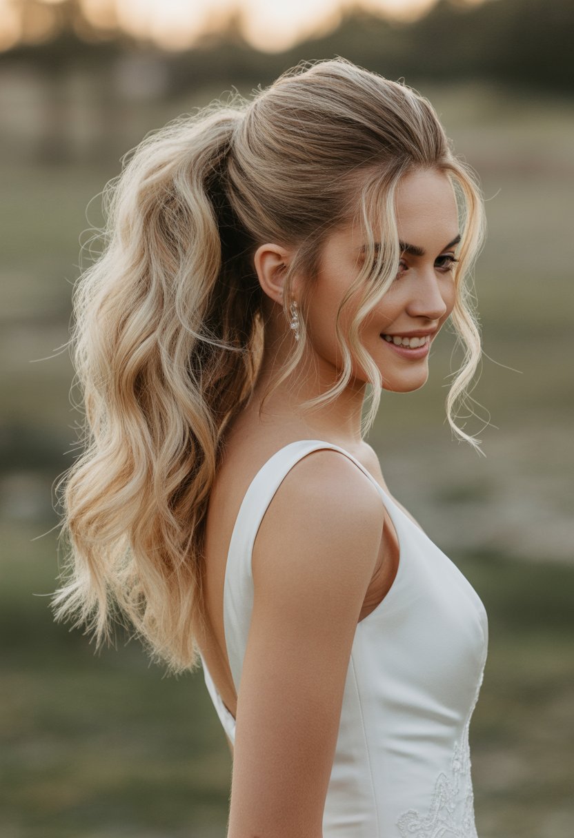 A bride with a half-up messy ponytail hairstyle wearing a white wedding dress, standing outdoors with a soft, blurred background.