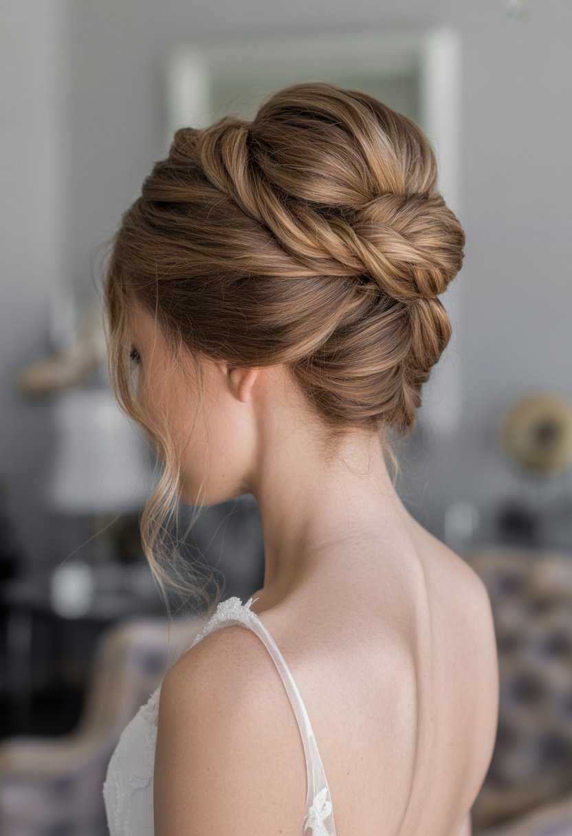 Bride with an elegant twisted crown updo hairstyle wearing a white wedding dress in a softly lit indoor setting.