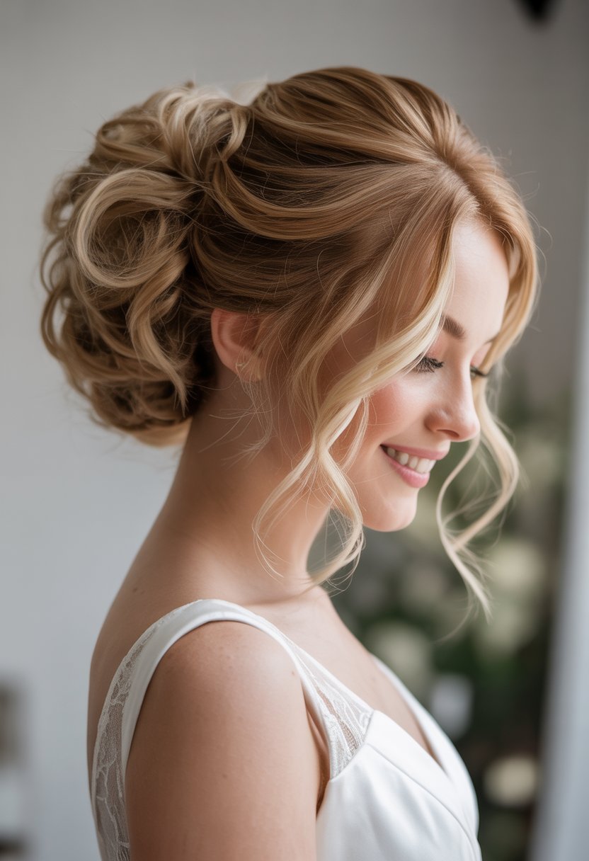 Bride with soft waves framing her face and a messy bun hairstyle, wearing a white wedding dress.