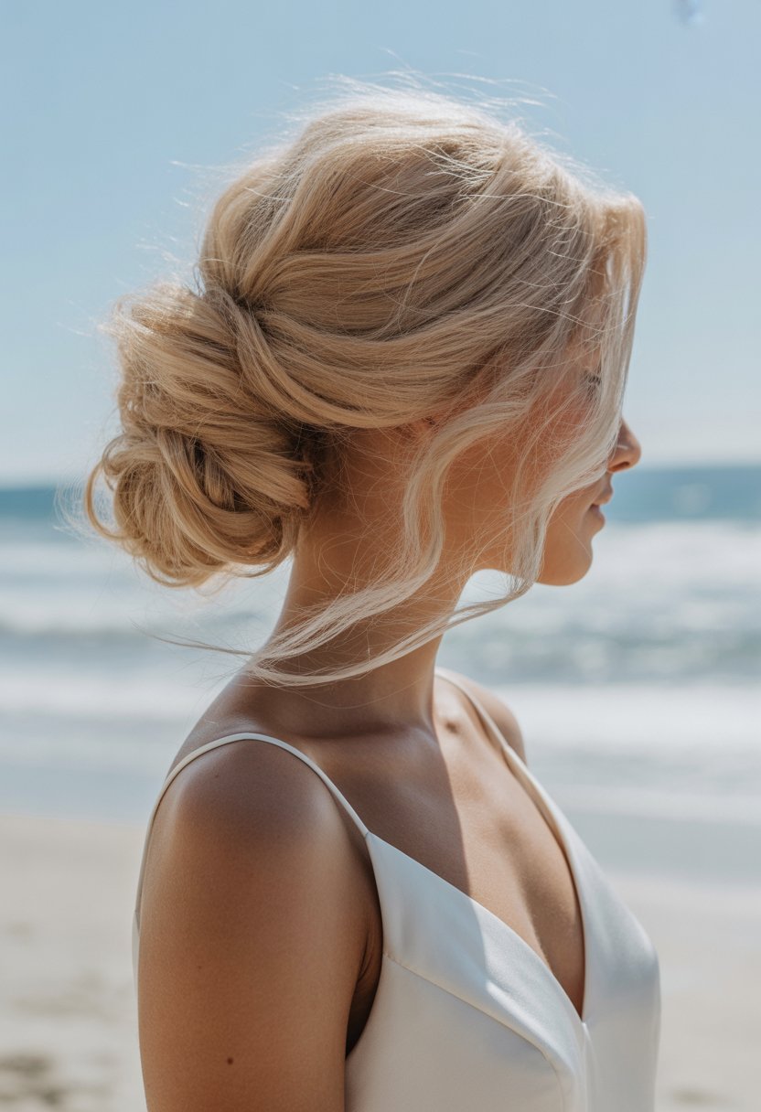 Bride with a loose updo hairstyle standing outdoors near a sandy beach and ocean.