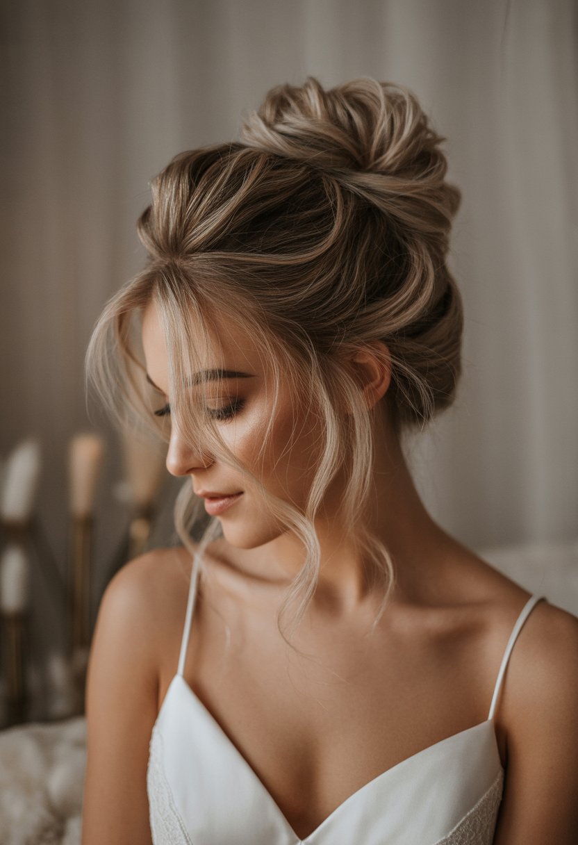 A bride with a loose messy top knot hairstyle wearing a white wedding dress, looking softly to the side against a neutral background.