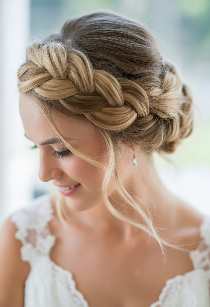 Bride with a braided halo hairstyle and loose strands framing her face, smiling gently in a white wedding dress.