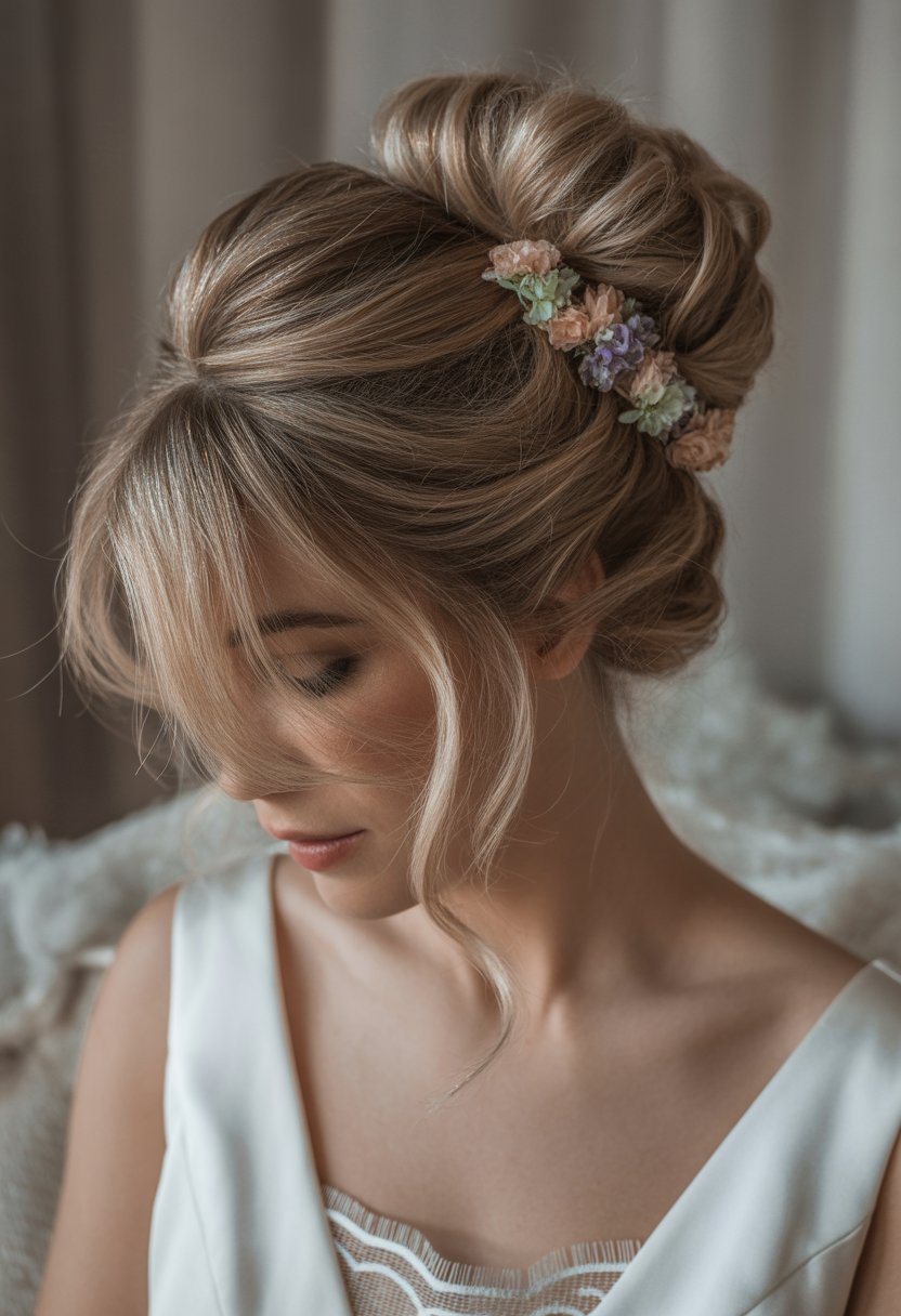 Close-up of a bride with a messy bun hairstyle decorated with small floral pins, wearing a white wedding dress.