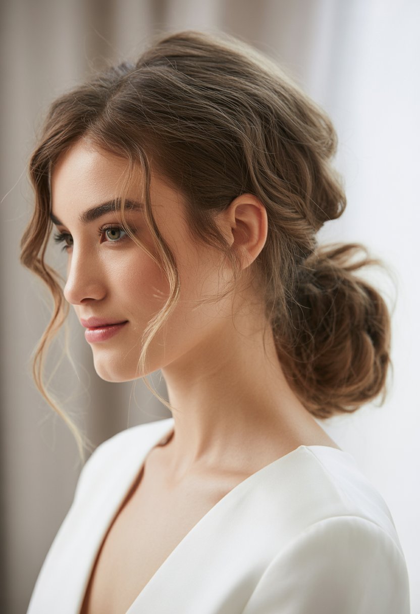A young woman with a low ponytail hairstyle, softly lit against a neutral background.