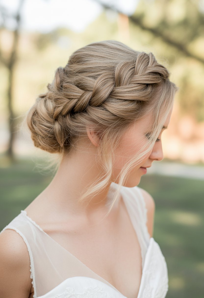 A bride with a fishtail braid styled into a messy bun, wearing a white wedding dress, standing outdoors with soft natural light.