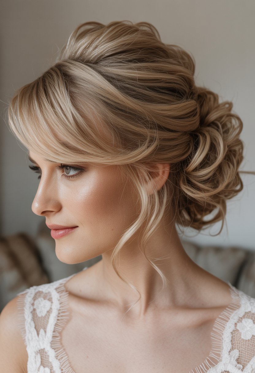 A bride with a side-swept messy updo hairstyle wearing a white lace wedding dress, looking slightly to the side in a softly lit studio setting.