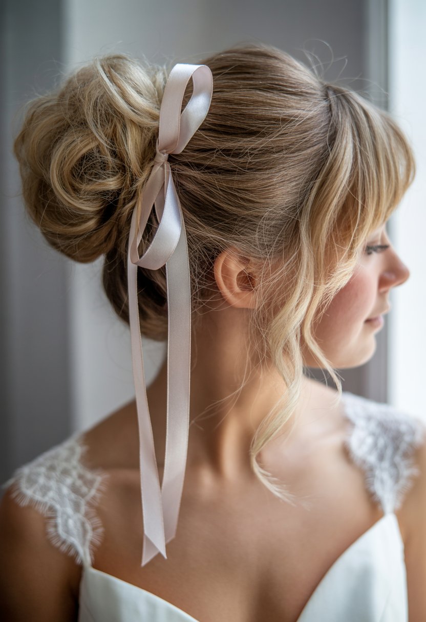 A bride with a messy bun hairstyle tied with a ribbon, wearing a white wedding dress.