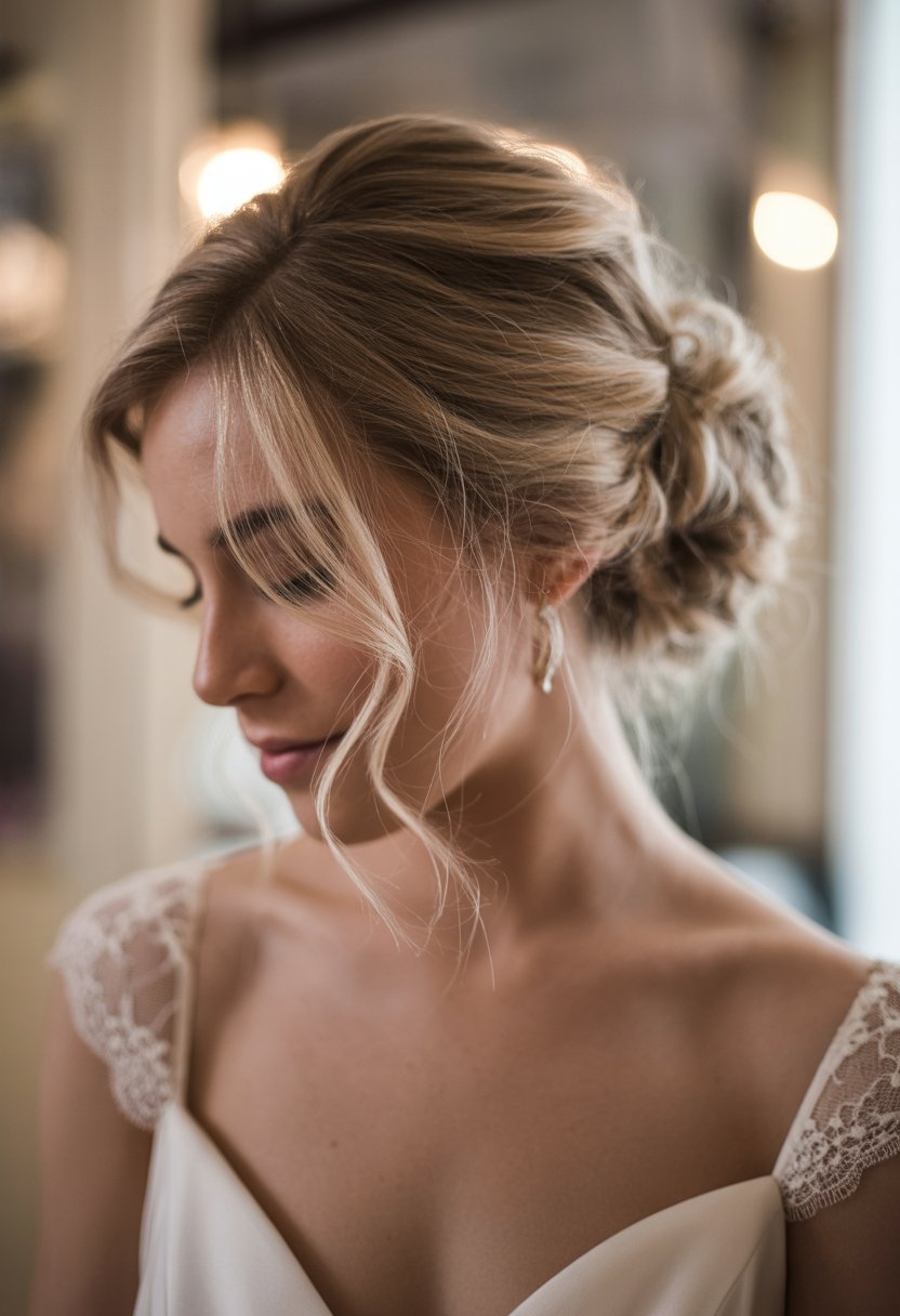 A bride with a low messy bun hairstyle and soft baby hairs framing her face, wearing a wedding dress.