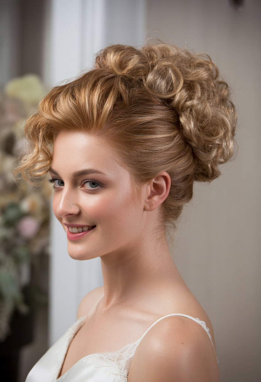 Bride with curly updo hairstyle and voluminous crown wearing a white wedding dress, smiling against a neutral background.