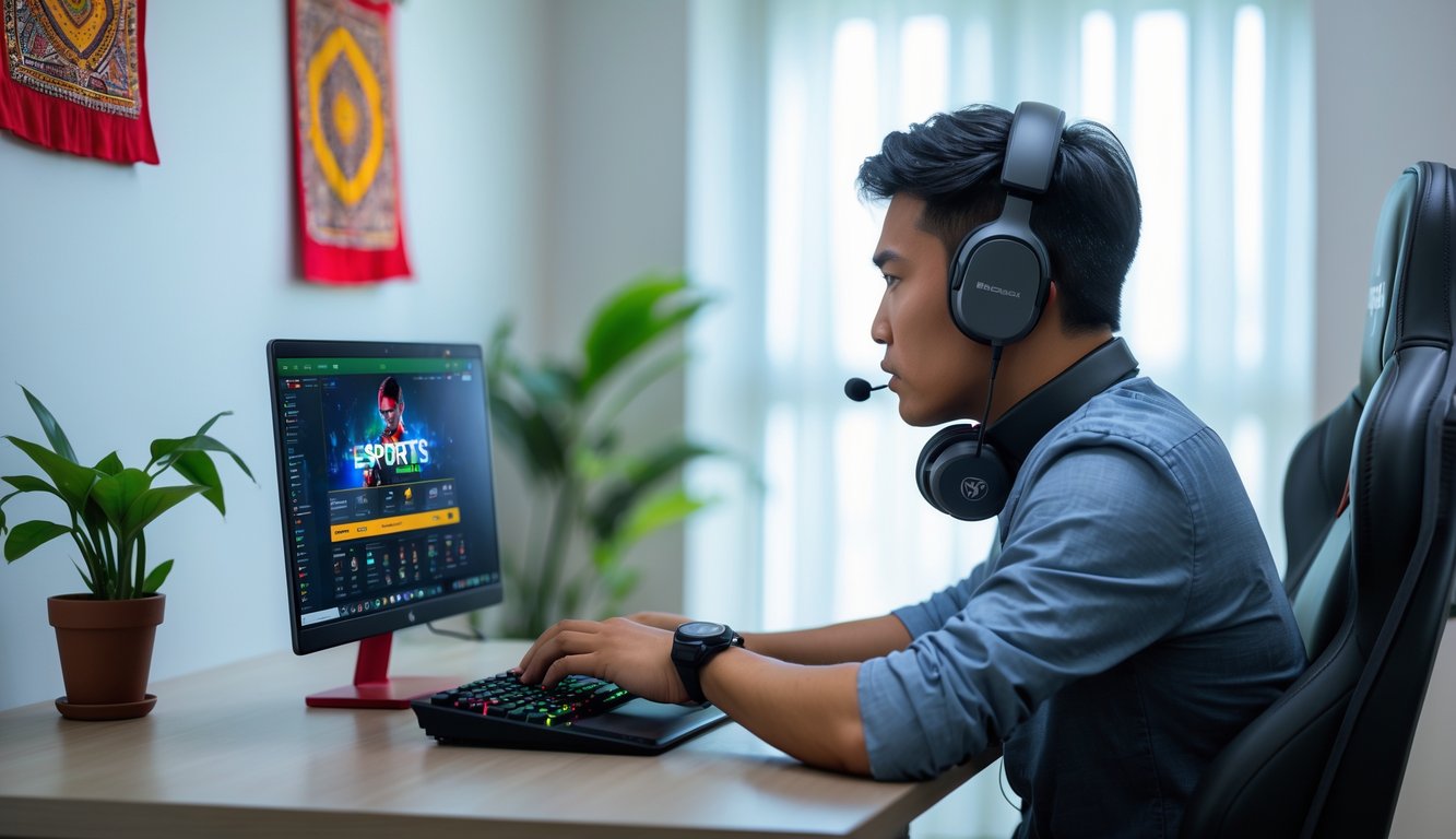 Seorang pria muda Indonesia duduk di meja dengan laptop, mengenakan headphone dan menggunakan mouse serta keyboard untuk bermain esports online.