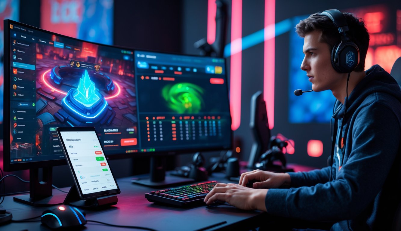 Seorang dewasa muda sedang menggunakan komputer dan perangkat mobile untuk taruhan dan analisis permainan Dota 2 online di sebuah meja kerja modern.