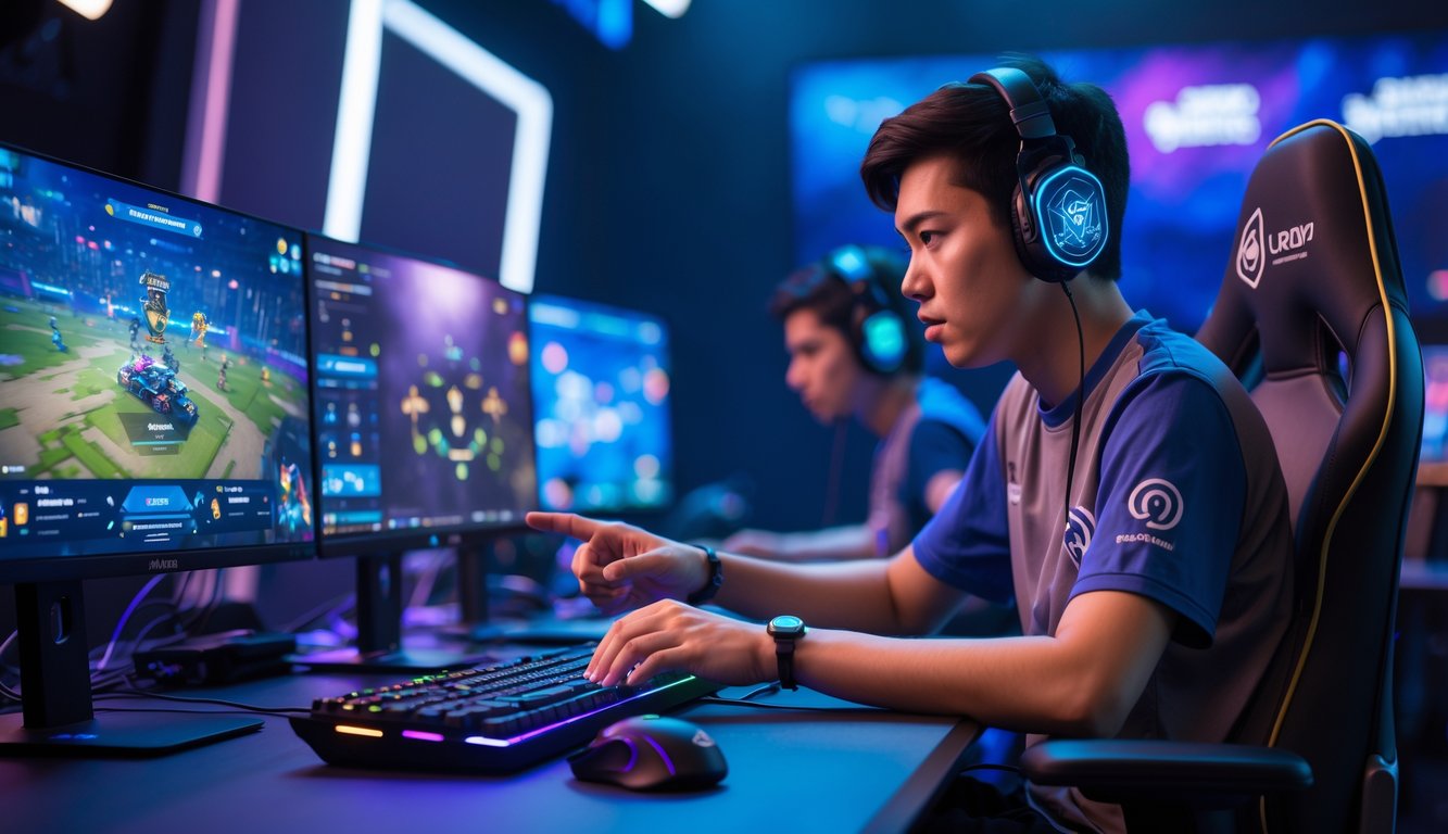 Seorang pemain esports fokus di depan komputer dengan layar yang menampilkan permainan Mobile Legends, berada di ruang permainan dengan pencahayaan warna-warni dan perlengkapan gaming.