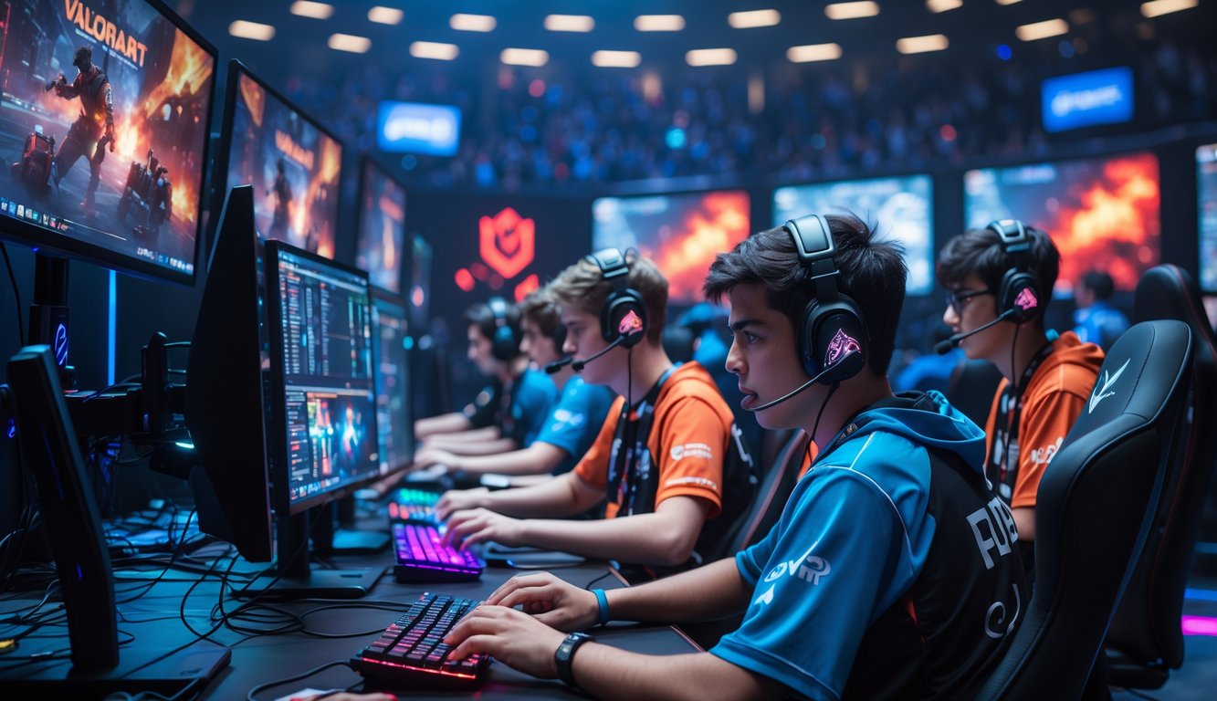 Sejumlah pemain esports muda sedang fokus bermain turnamen Valorant dengan peralatan gaming di arena esports yang ramai.