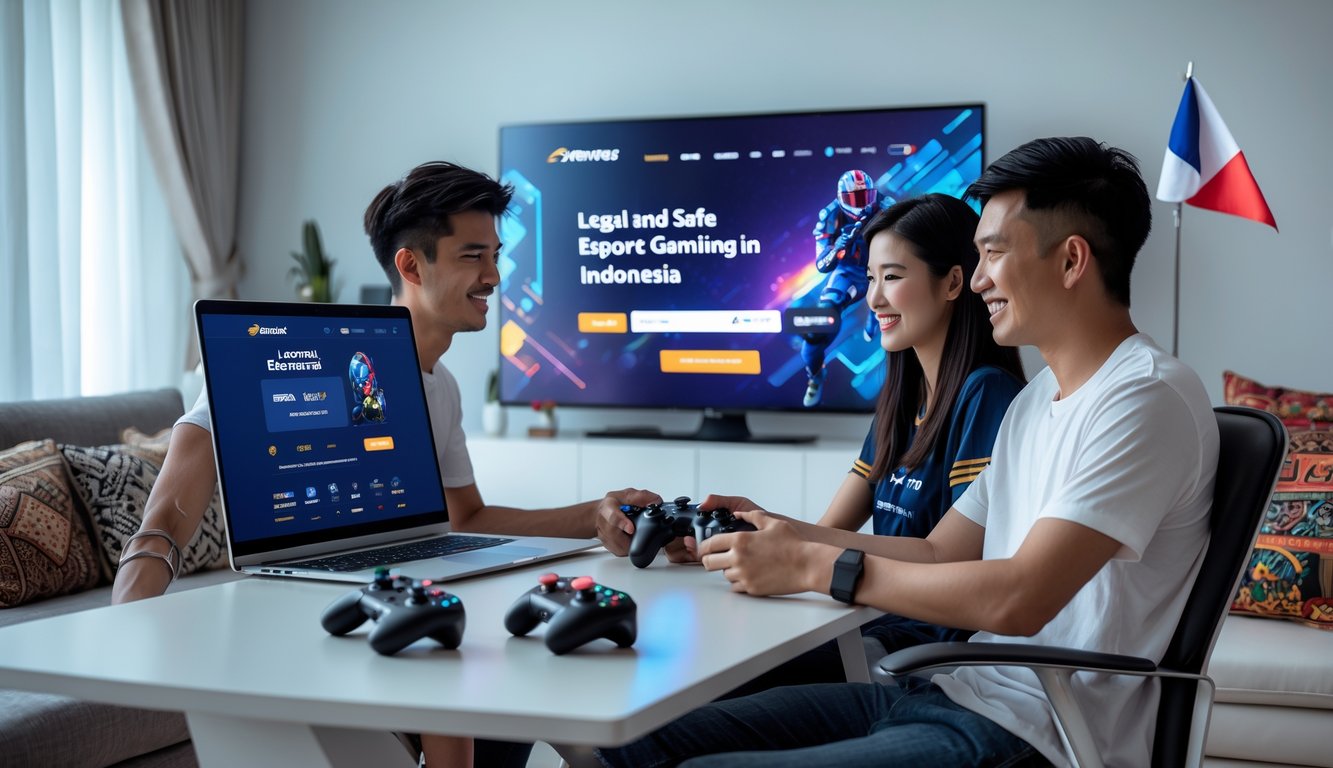 Dua orang dewasa muda bermain game esports di ruang tamu modern dengan layar TV besar dan laptop yang menunjukkan situs judi esports legal dan aman.