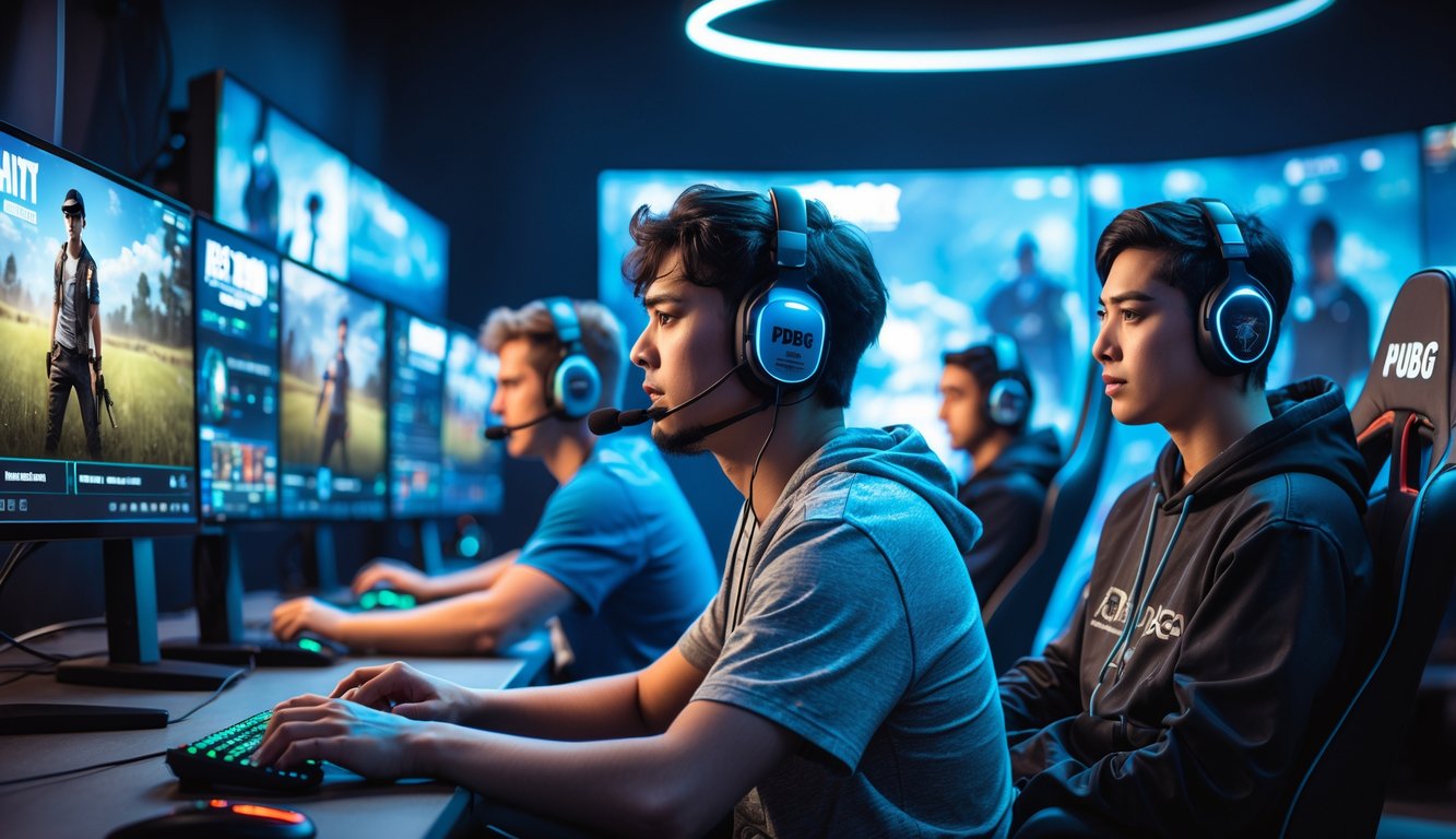 Sekelompok pemain esports sedang bermain PUBG dengan serius di sebuah ruang gaming modern, fokus dan penuh semangat.