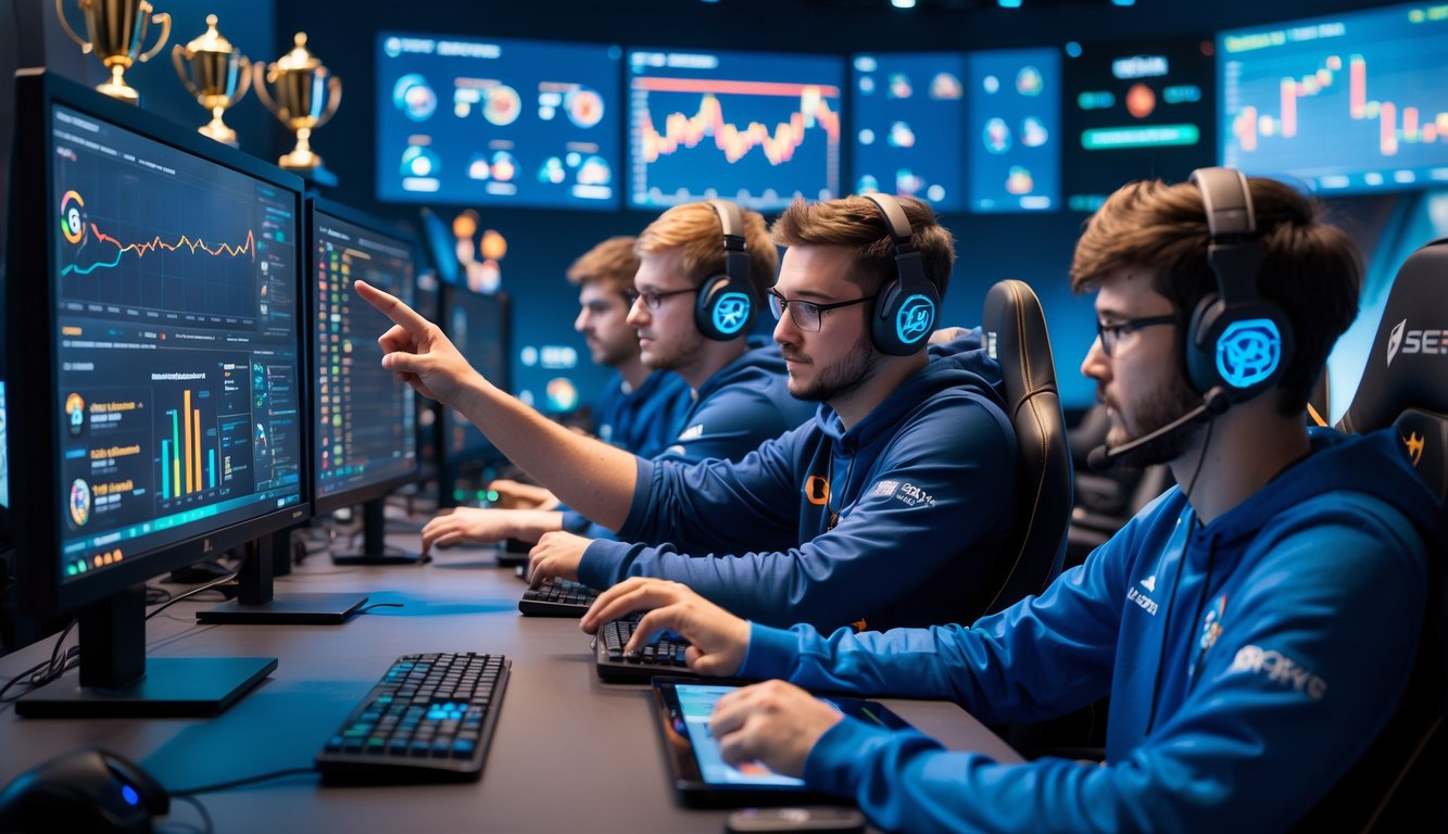 Tim esports sedang menganalisis statistik di depan komputer sebelum bertaruh.