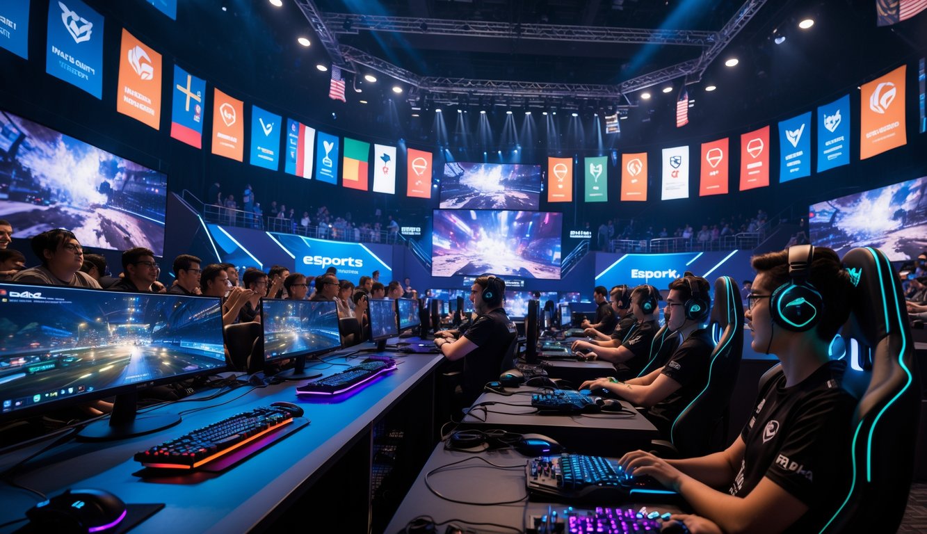 Suasana turnamen esports internasional dengan pemain profesional dan penonton di arena besar.