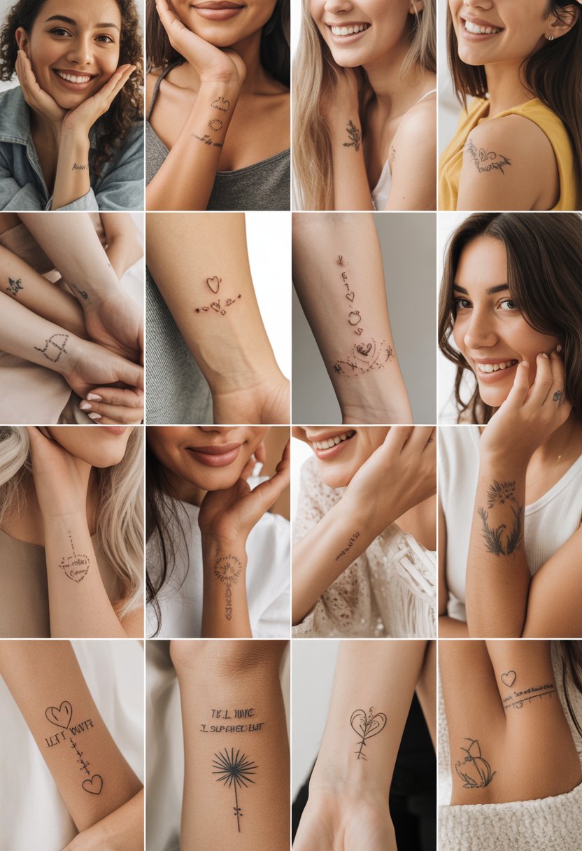 A group of women showing small self-love tattoos on their wrists, forearms, ankles, and collarbones, smiling and posing naturally.