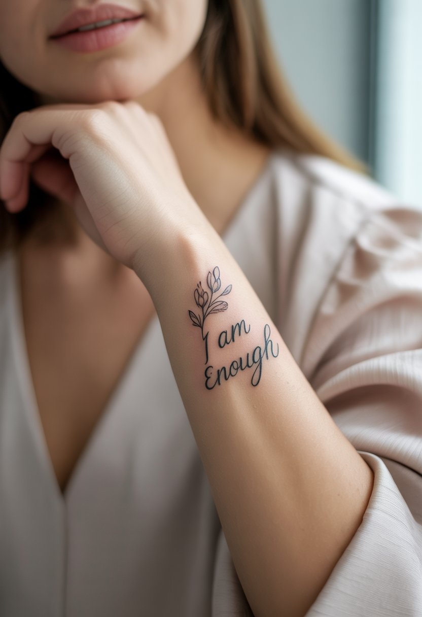 Close-up of a woman's wrist and forearm showing a small, elegant script tattoo surrounded by floral elements.