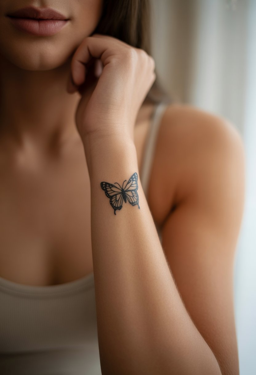 Close-up of a small butterfly tattoo on a woman's skin representing transformation and self-love.