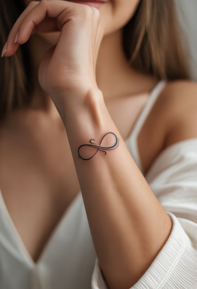 Close-up of a woman's wrist showing a small tattoo combining an infinity symbol and a heart.