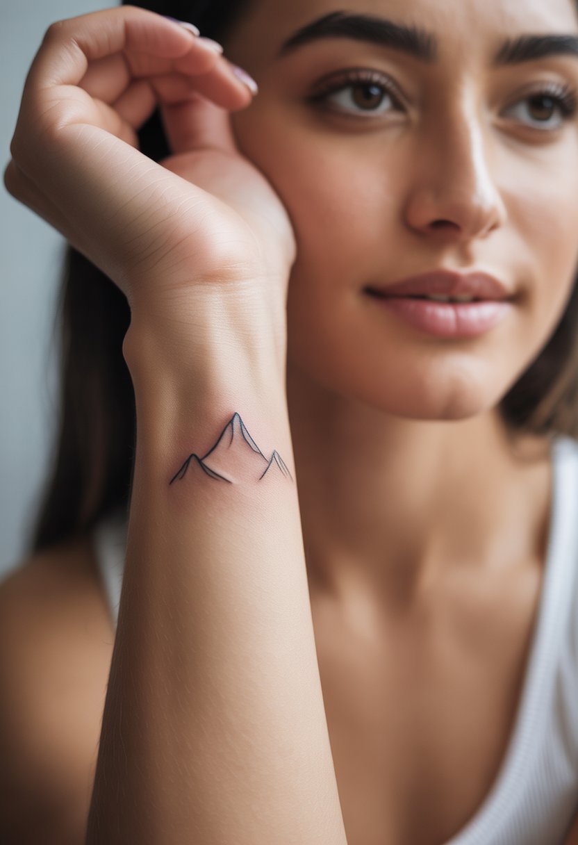 Close-up of a woman's wrist showing a small mountain range tattoo symbolizing overcoming challenges.
