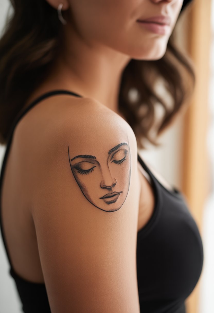 Close-up of a woman's upper arm with a delicate abstract face tattoo showing closed eyes.