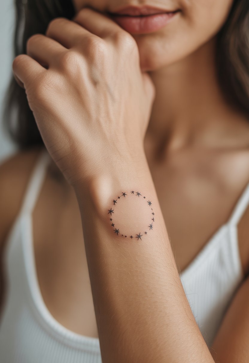 Close-up of a woman's wrist with a small circle of tiny star tattoos around it.