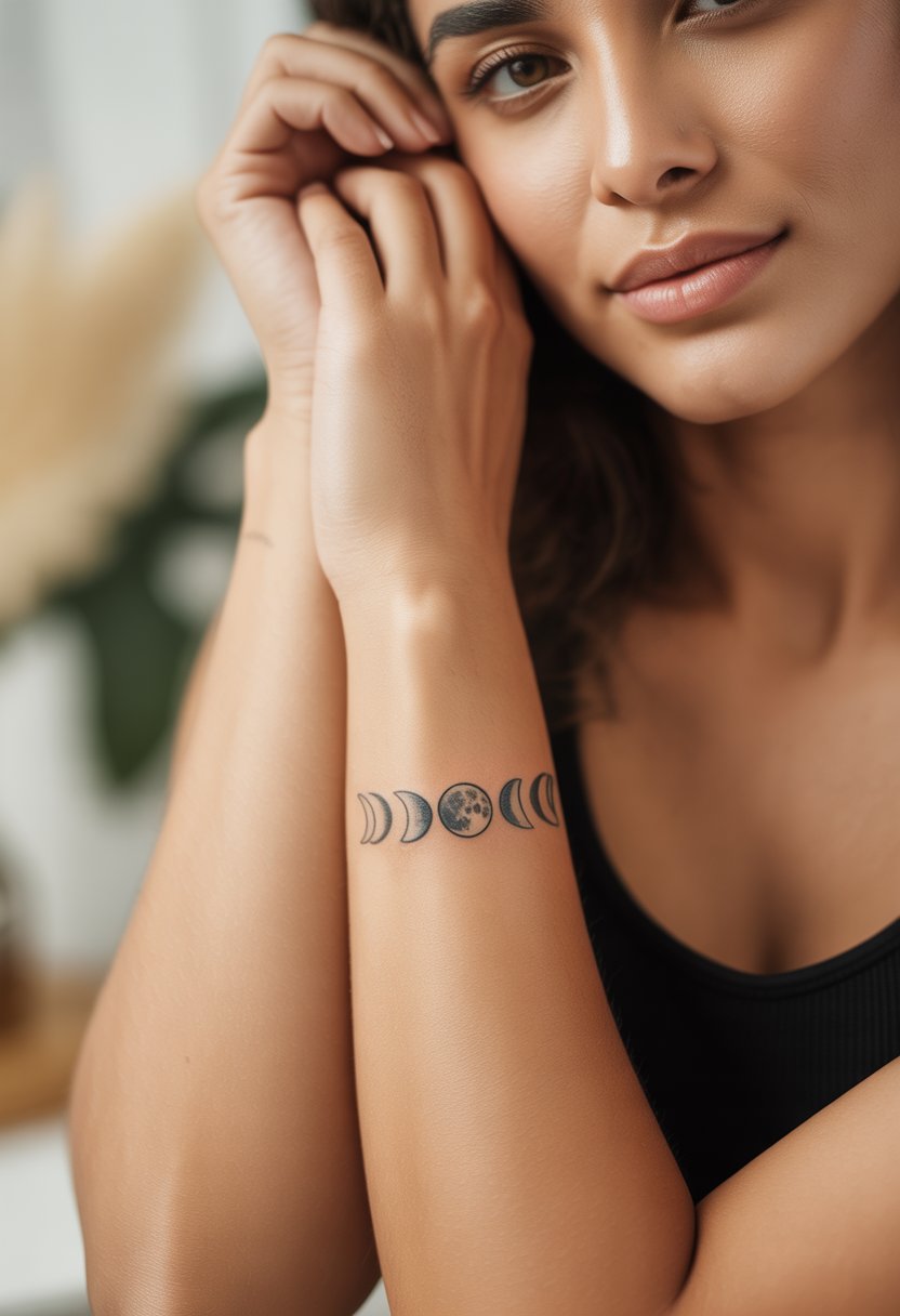 Close-up of a woman's forearm showing a moon phases tattoo symbolizing cycles and self love.