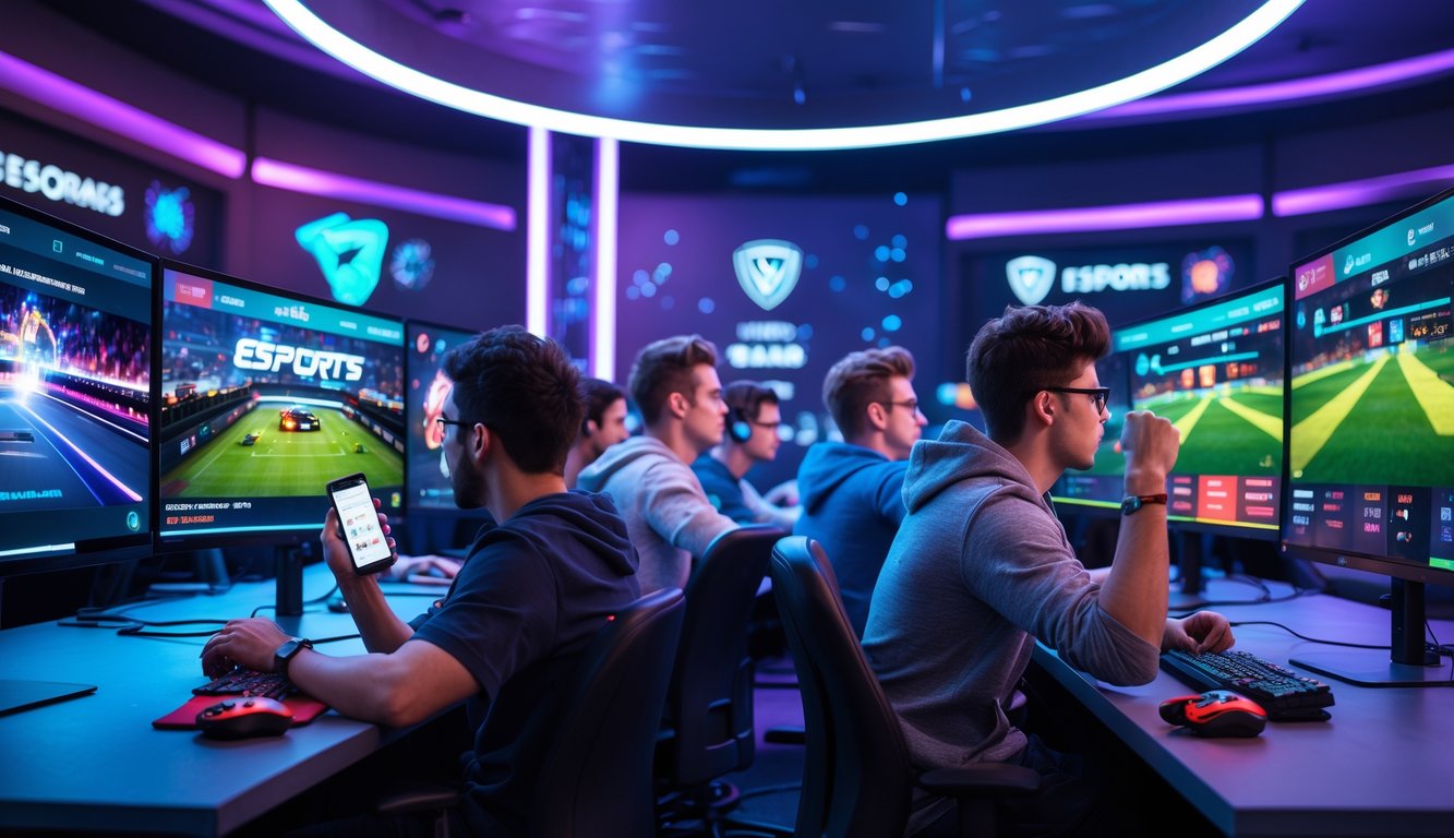 Sekelompok orang muda sedang bermain dan bertaruh pada permainan esports populer di ruang bermain dengan monitor besar dan pencahayaan neon.