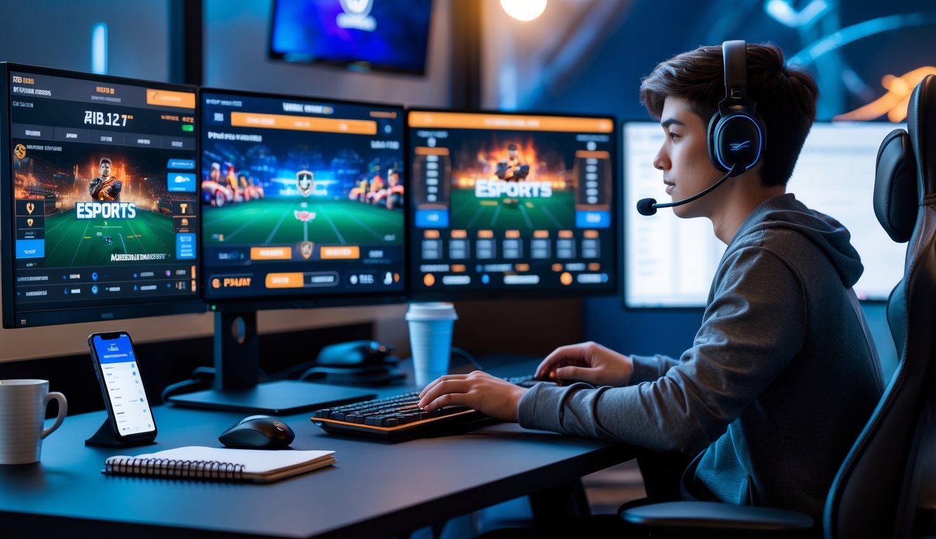 Seorang pemuda duduk di depan meja dengan beberapa monitor yang menampilkan permainan esports dan peluang taruhan, menggunakan headset dan mouse di ruang kerja yang terang.
