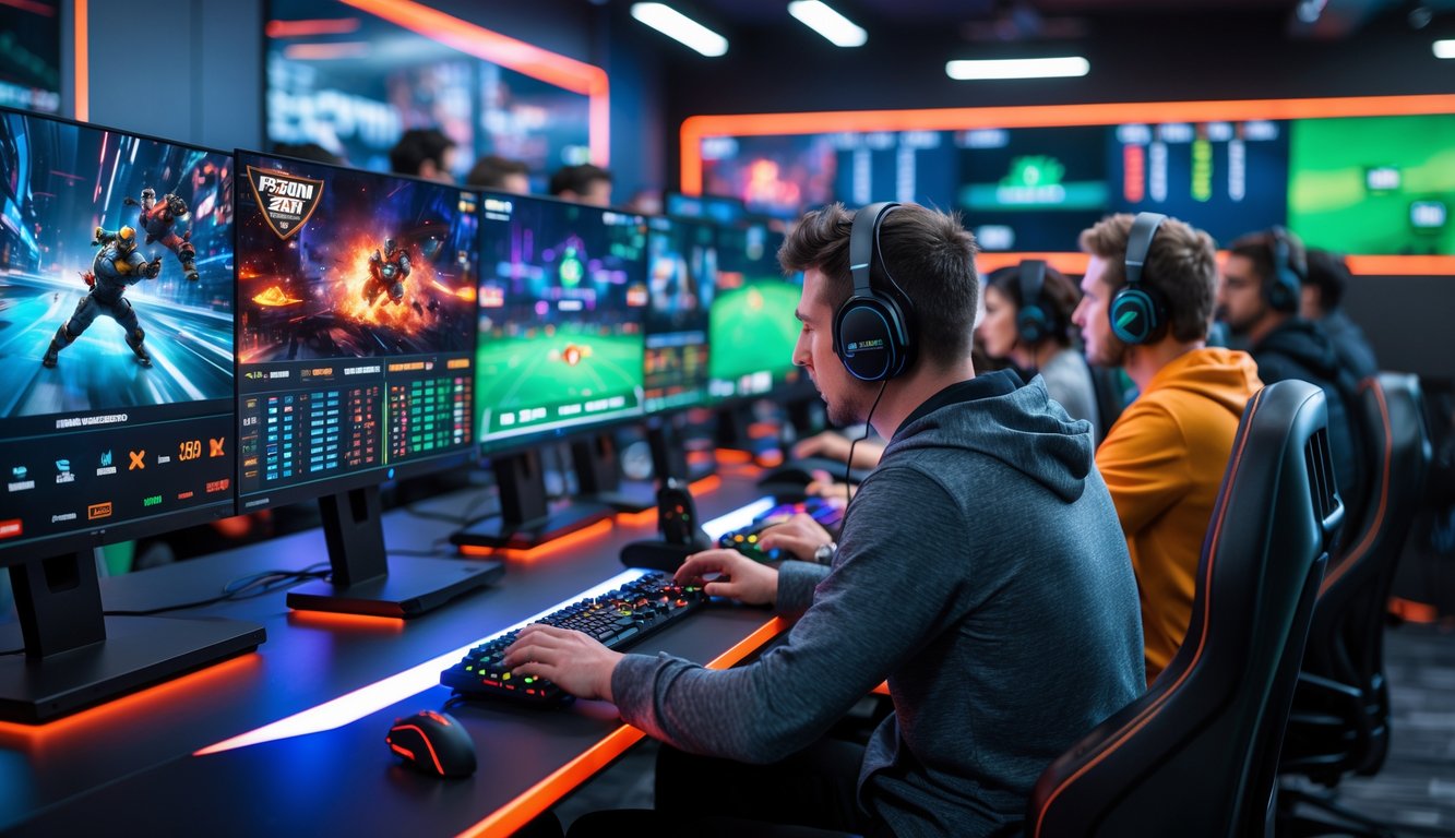 Sekelompok orang muda fokus bermain esports di depan beberapa monitor dengan grafik odds taruhan yang dinamis.