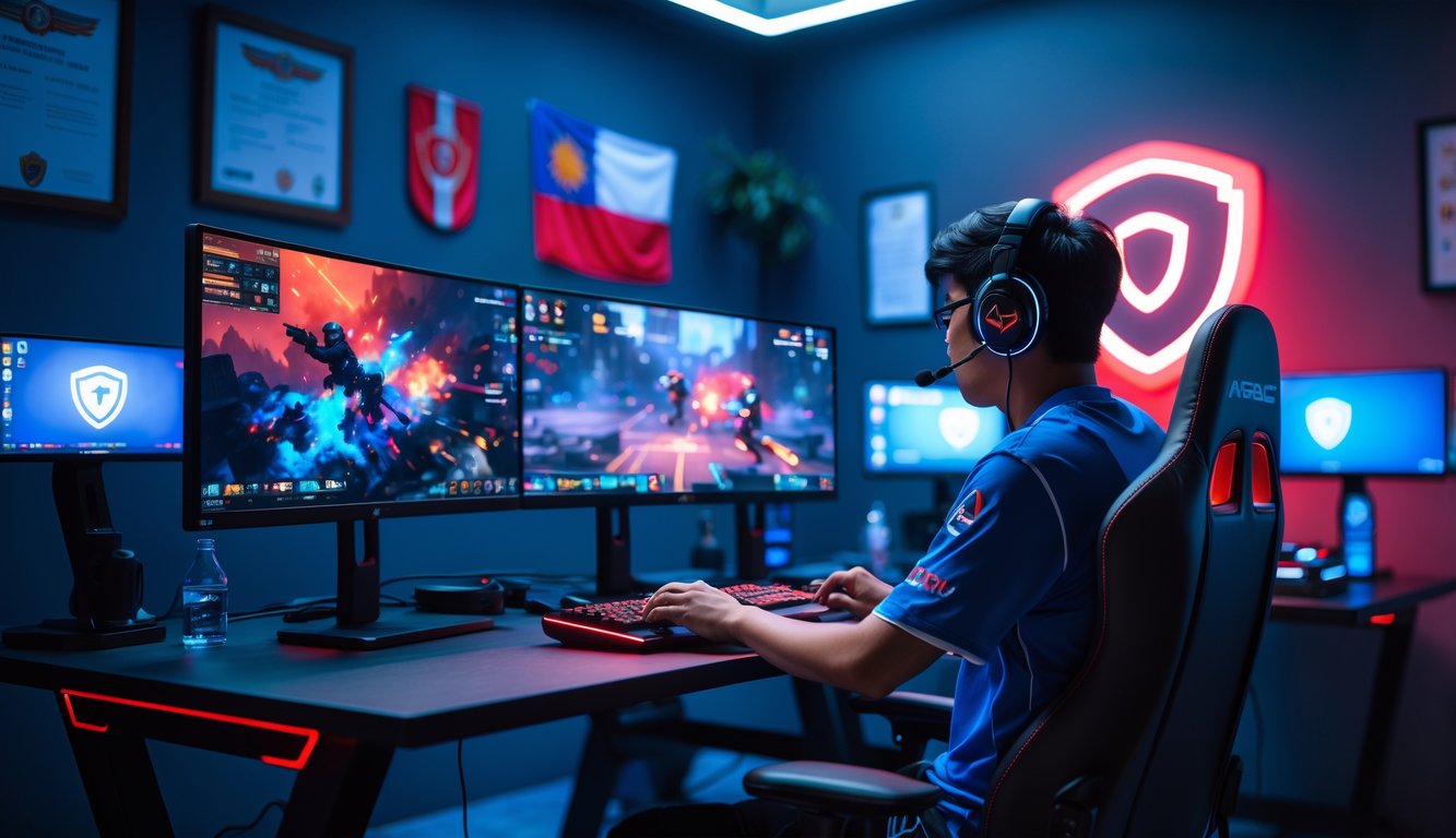 Seorang gamer muda Indonesia sedang bermain esports di meja gaming dengan beberapa monitor dan perlengkapan profesional di ruangan yang terang.