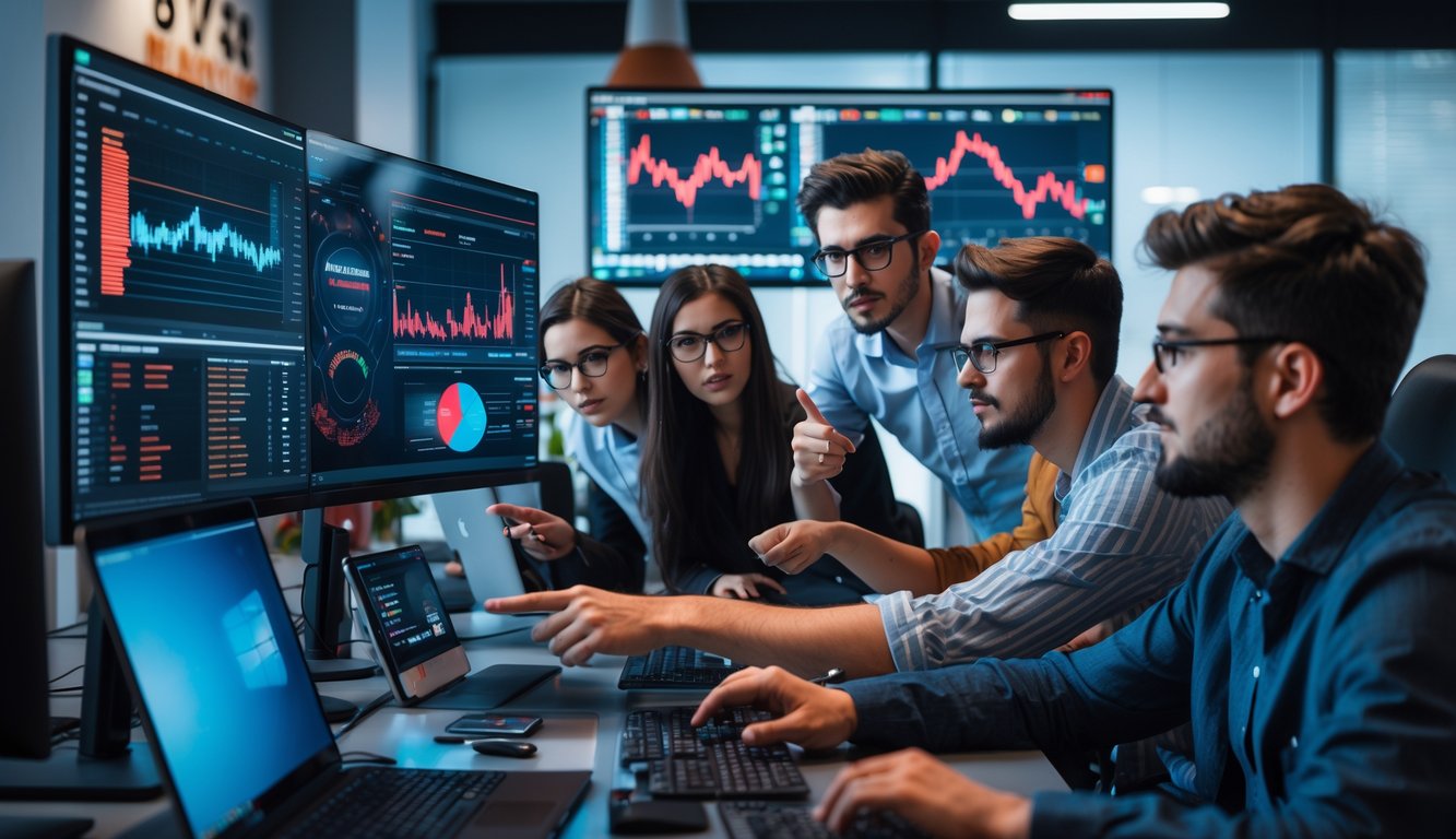 Sekelompok profesional muda sedang berdiskusi dan menganalisis data statistik esports di ruang kantor modern dengan beberapa layar komputer menampilkan grafik dan data pertandingan.