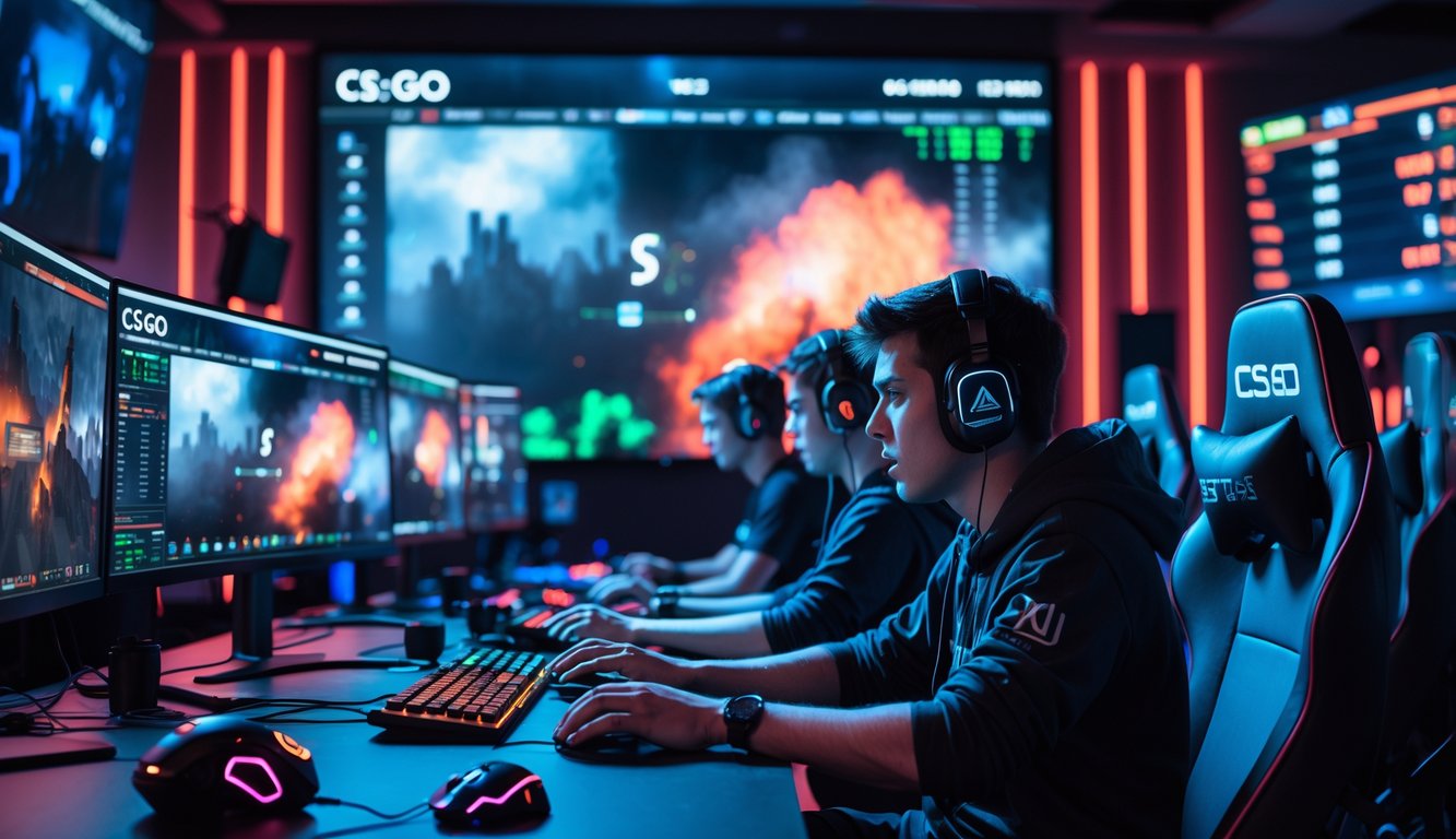 Sekelompok orang muda sedang bermain game CS dengan serius di sebuah ruangan berlampu warna-warni, di depan layar komputer yang menampilkan permainan dan statistik pertandingan.