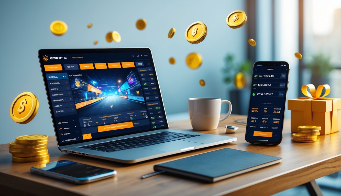 Seorang pengguna sedang melihat layar laptop dan ponsel dengan tampilan permainan esports dan elemen bonus di atas meja kerja.