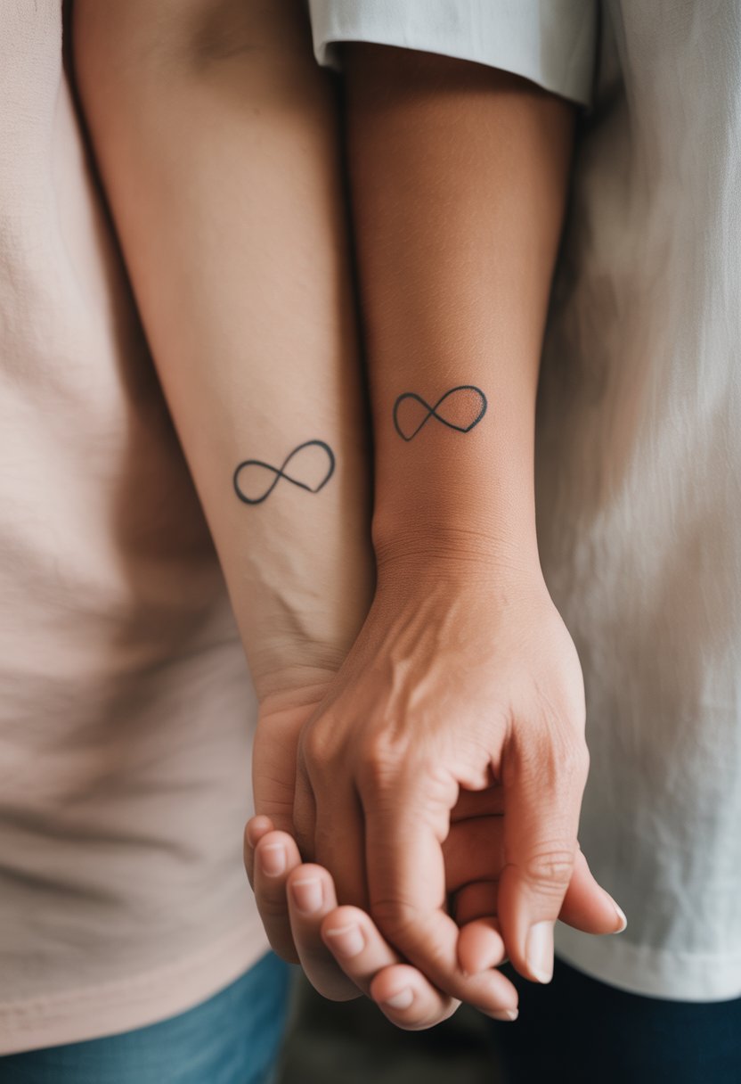 Close-up of a mother and daughter's wrists showing matching small infinity heart tattoos as they gently hold hands.