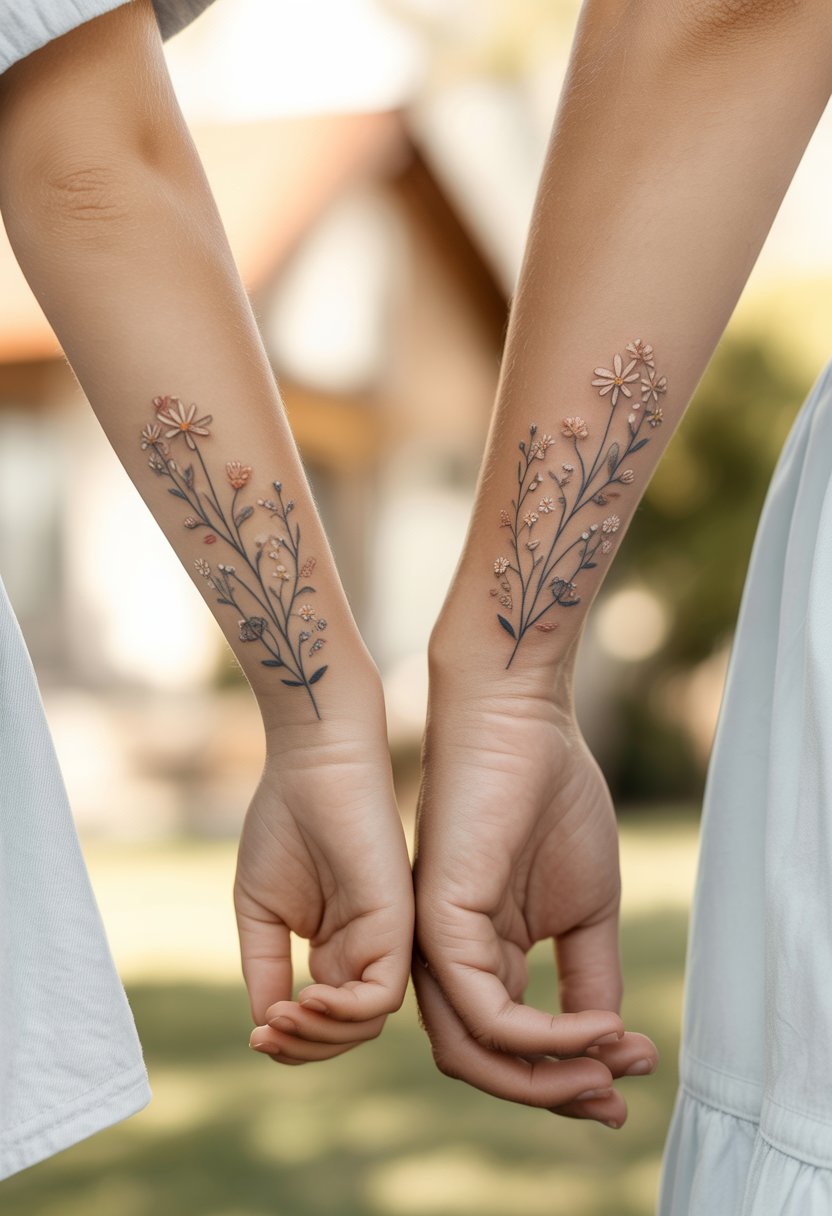 Close-up of mother and daughter's hands showing matching tiny intertwined floral tattoos.