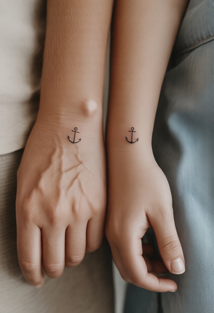 Close-up of mother and daughter's hands showing small matching anchor tattoos on their wrists.