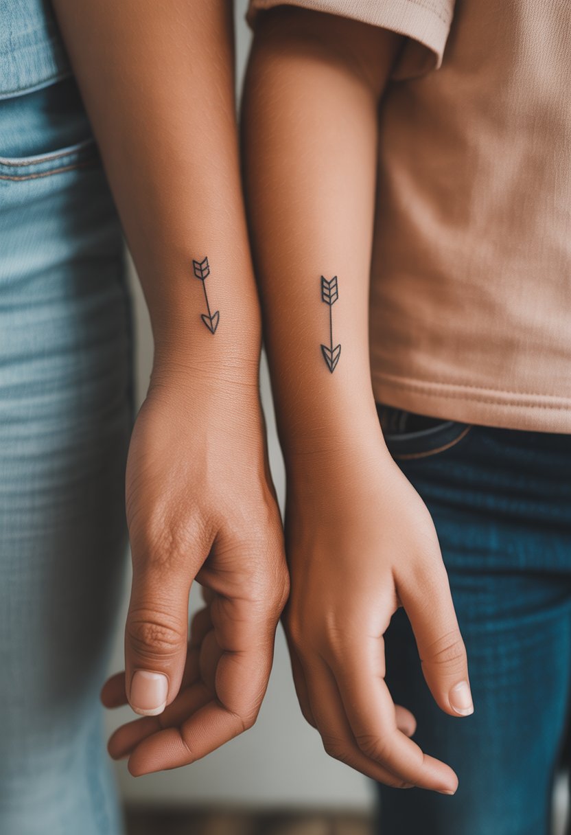 Close-up of a mother and daughter's hands showing small matching arrow tattoos on their wrists.