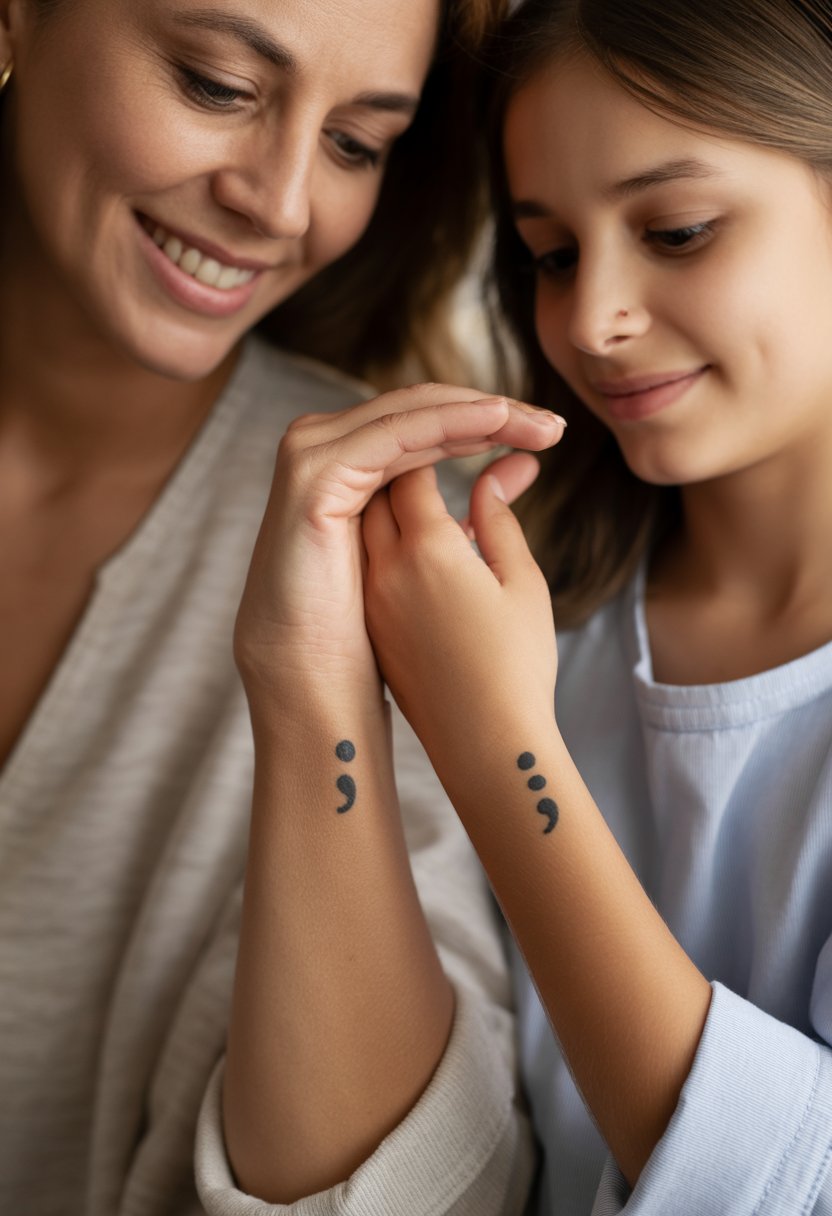 Close-up of a mother and daughter showing matching small semicolon tattoos on their wrists.