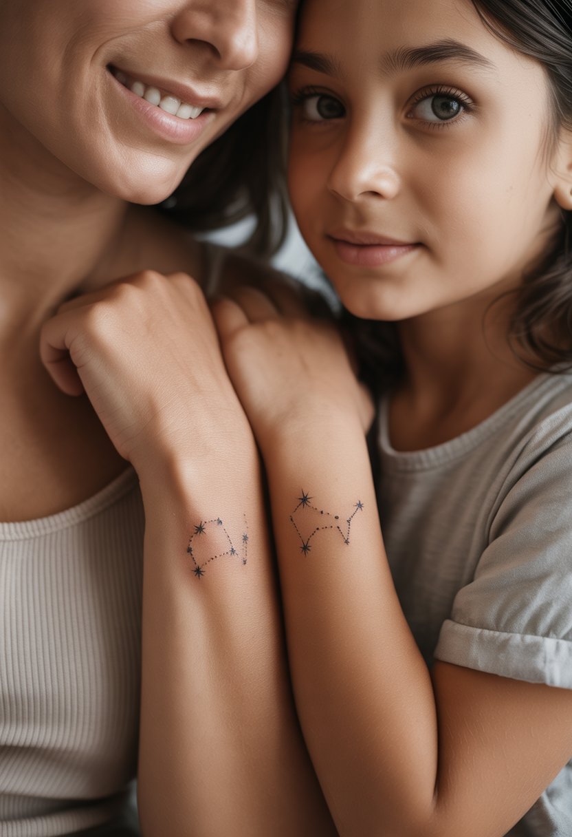 Close-up of a mother and daughter's wrists showing tiny matching star constellation tattoos.