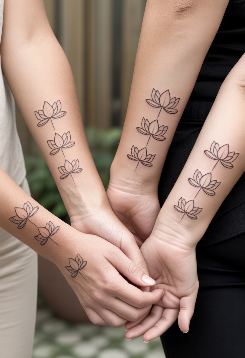 Close-up of two pairs of hands and wrists with small matching lotus flower tattoos.