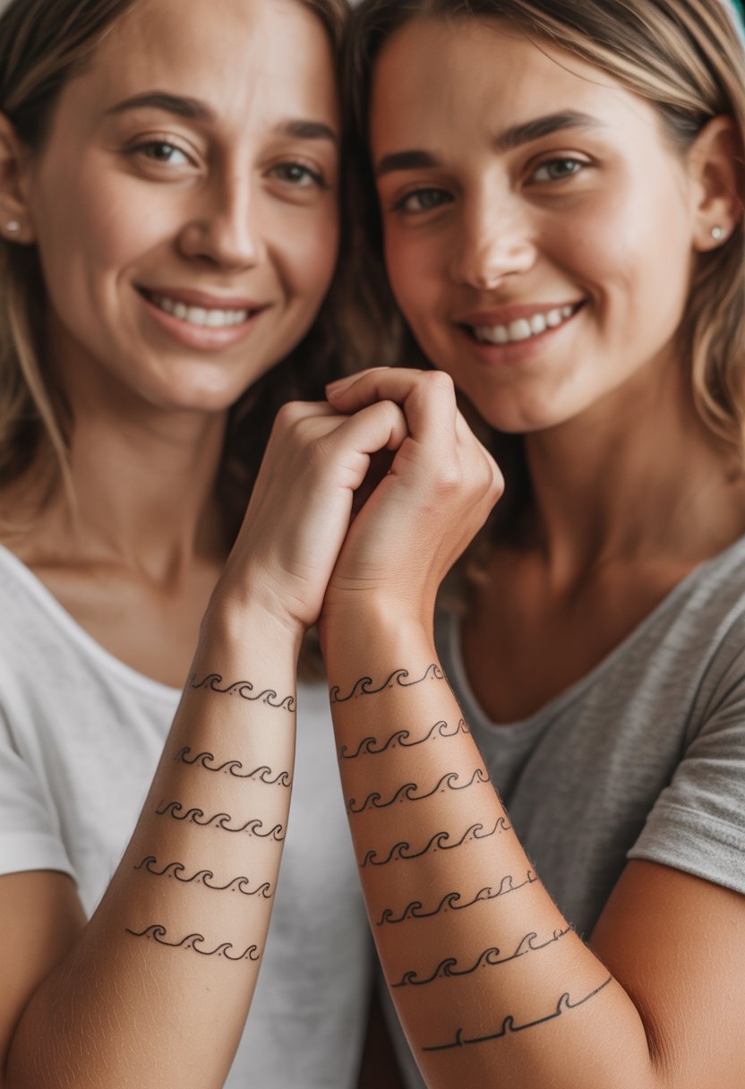 Close-up of a mother and daughter showing matching small wave symbol tattoos on their wrists.