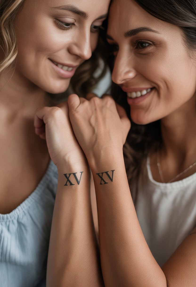 Close-up of a mother and daughter showing matching small Roman numeral XV tattoos on their wrists while gently holding hands.