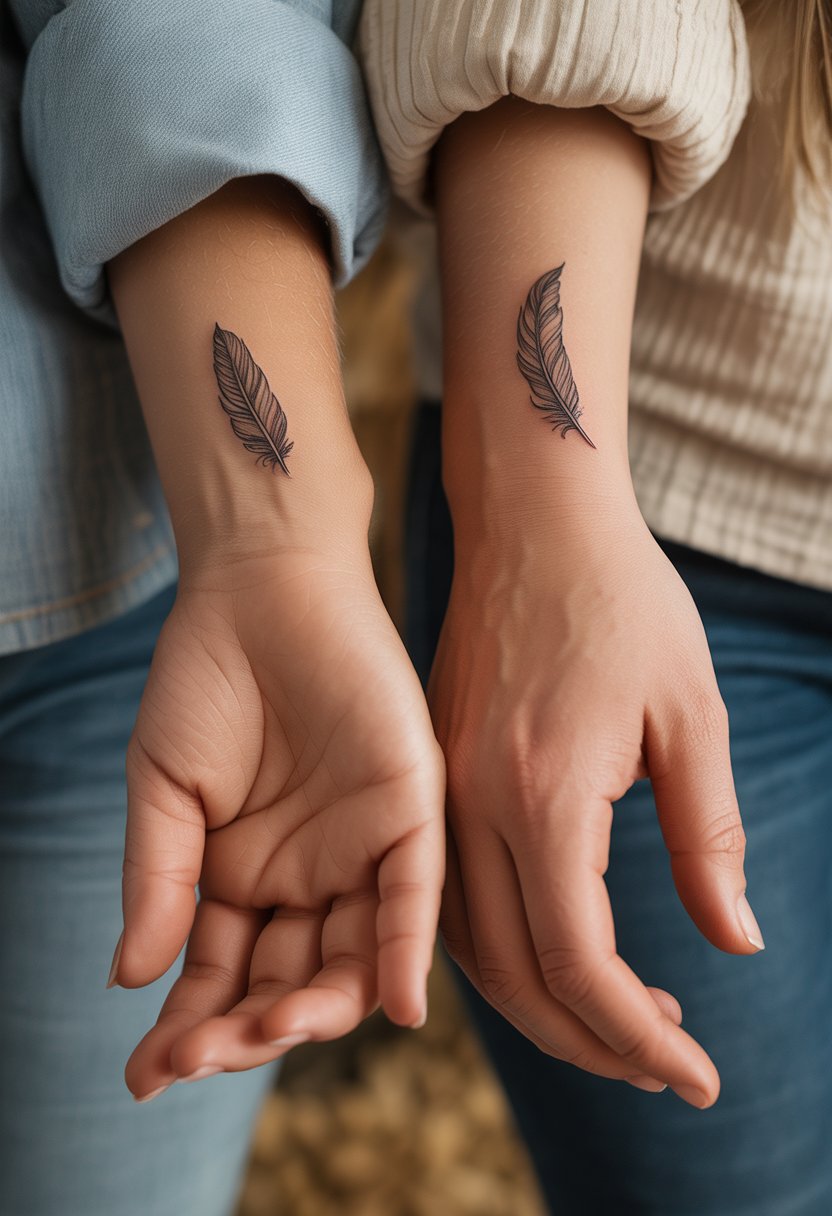 Close-up of a mother and daughter showing their matching small feather tattoos on their wrists.
