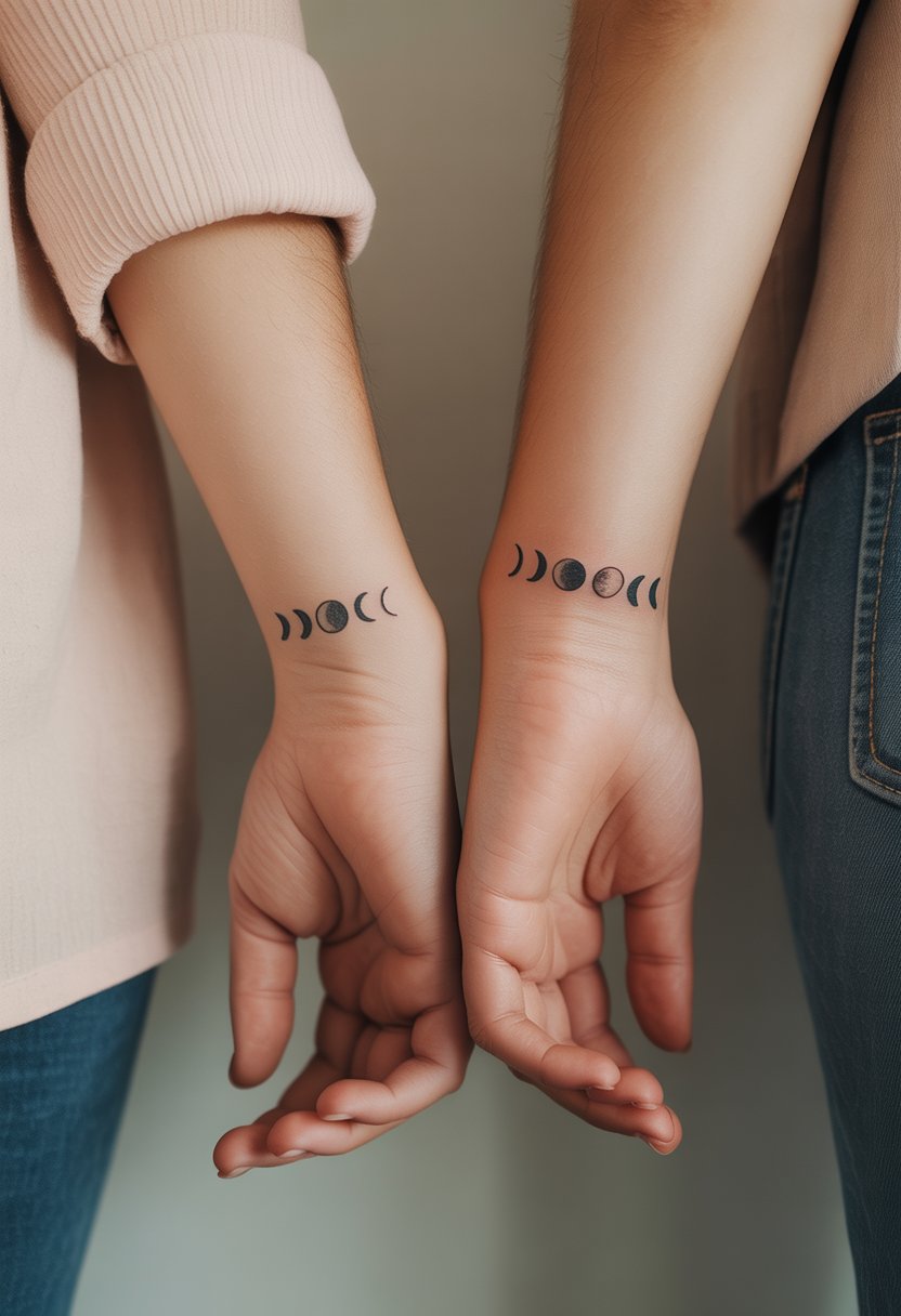 Close-up of a mother and daughter's hands showing matching small moon phase tattoos on their inner wrists.