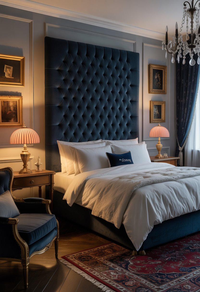 A bedroom with a deep navy tufted velvet headboard, white bedding, bedside tables with lamps, and elegant furnishings.